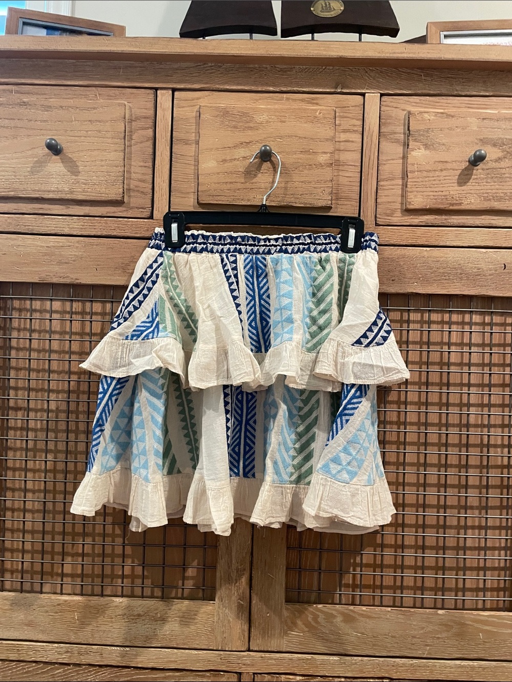 Devotion Twins Tiered Ruffle Mini Skirt in Cream with Blue & Green Geo Print